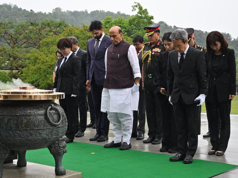 Defence Minister Rajnath Singh pays homage to Korean war heroes at National Cemetery in Seoul