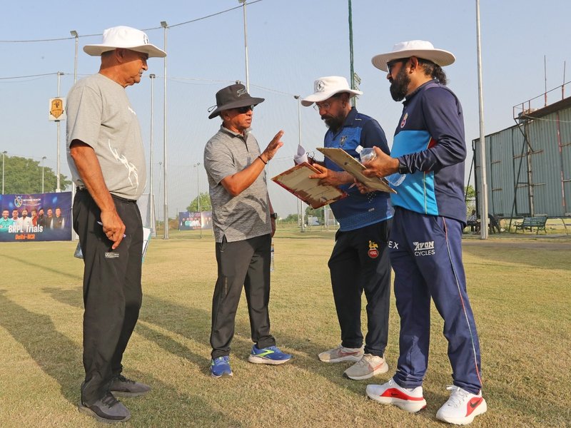 Former India wicket-keeper Kiran More successfully oversees Delhi NCR trials for the Beyond Reach Premier League (BRPL) amid overwhelming participation at Trident Cricket Academy, near Hi-Tech World School, Ghaziabad. Photo credit: IANS