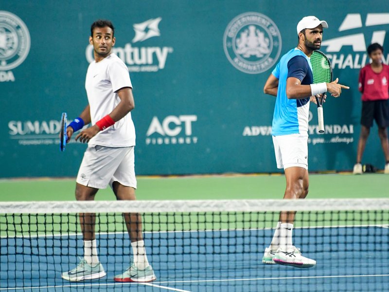 Adil Kalyanpur/Mukund Sasikumar storm into men's doubles final of the SM Krishna Memorial Open Tennis Championships in Bengaluru on Friday. Photo credit: KSLTA