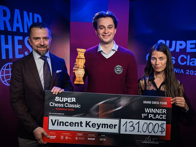 Vincent Keymer wins Super Chess Classic Romania in breakthrough debut on the Grand Chess Tour 2026 in Bucharest on Tuesday. Photo credit: GCT
