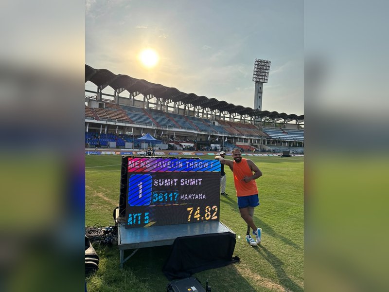 Sumit Antil makes history with a massive 74.82m throw in the 8th Indian Open International Para Athletics Championships 2026 in Bengaluru on Wednesday. Photo credit: PCI