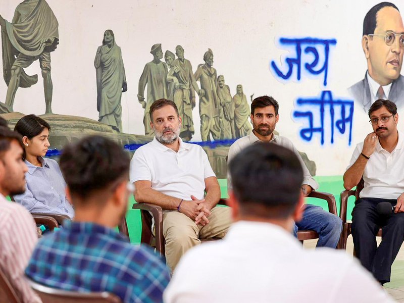New Delhi: Leader of Opposition in the Lok Sabha Rahul Gandhi interacts with NEET aspirants, in New Delhi on Wednesday, May 27, 2026. (Photo: IANS/X/@RahulGandhi)