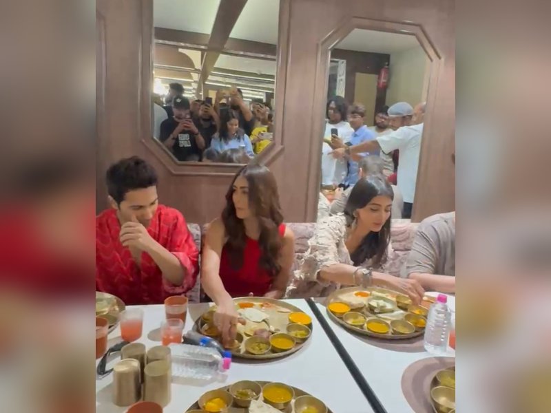 Varun Dhawan feeds Mrunal Thakur & Pooja Hegde as the three enjoy a delicious thali in Ahmedabad 