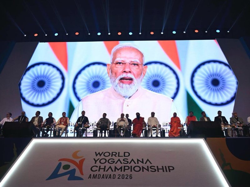 Prime Minister Narendra Modi declares open via video conferencing the 1st World Yogasana Championship 2026 in Ahmedabad on Thursday. Photo credit: PIB