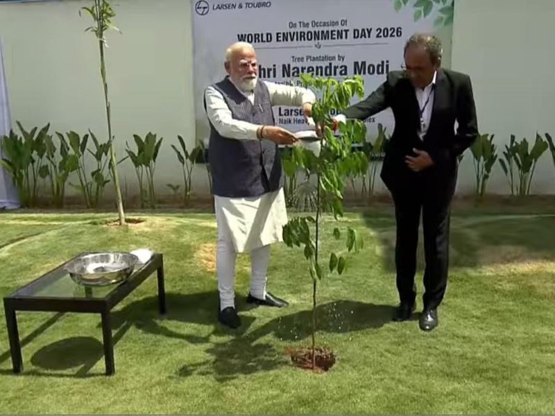 Gujarat: PM Modi plants sapling on World Environment Day, reviews projects in Surat (Photo: IANS)