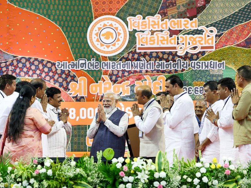 Surat: Prime Minister Narendra Modi being felicitated by Union Minister CR Patil during the foundation stone laying and inauguration of various development projects, in Surat on Friday, June 5, 2026. (Photo: IANS/PMO)