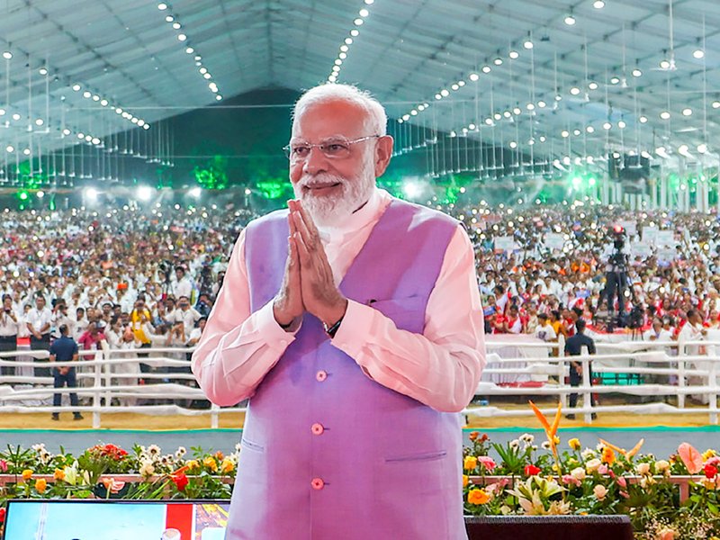 Daman: Prime Minister Narendra Modi gestures during the foundation stones laying, inauguration and dedication of various development projects to the nation, in Daman on Friday, June 5, 2026. (Photo: IANS/PMO)
