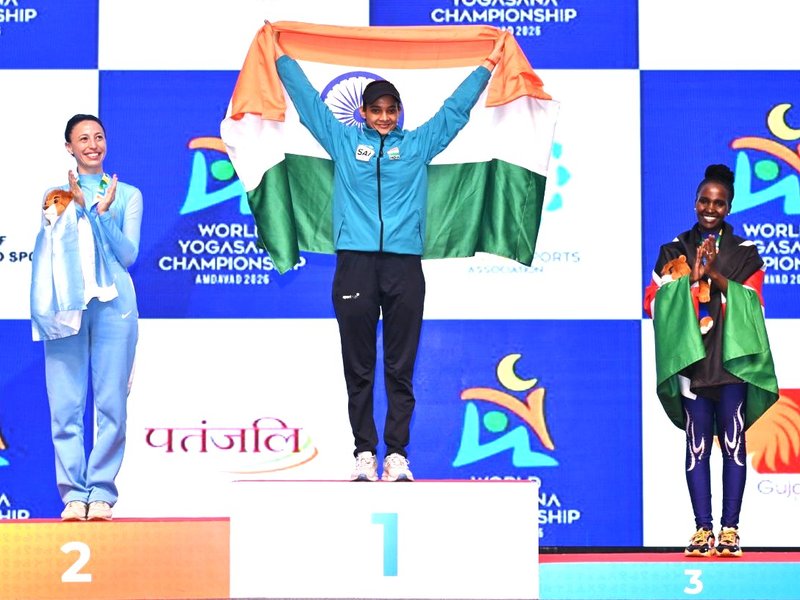 Hosts India extend lead at top of medals tally with 22 gold on the third day of the World Yogasana Championships being played at the EKA Arena in Ahmedabad on Saturday. Photo credit: SAI Media
