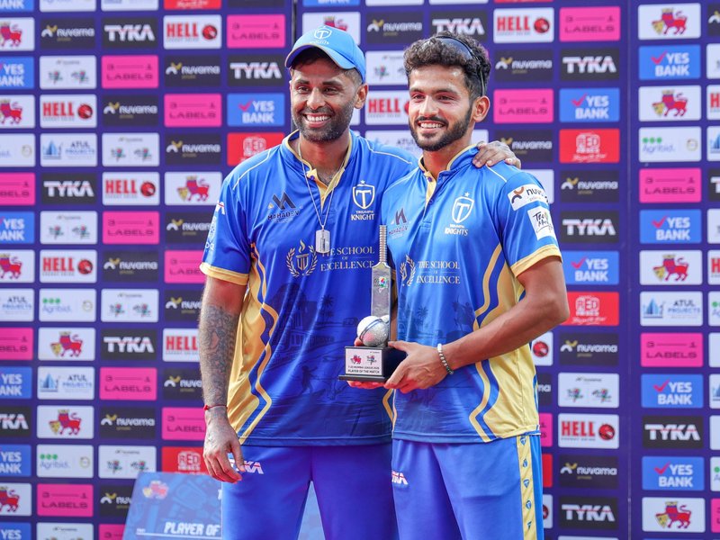 Suryakumar Yadav’s unbeaten fifty steers Triumph Knights MNE home after Silvester Dsouza takes a fifer against MSC Maratha Royals at the Wankhede Stadium in Mumbai on Monday. Photo credit: MPL