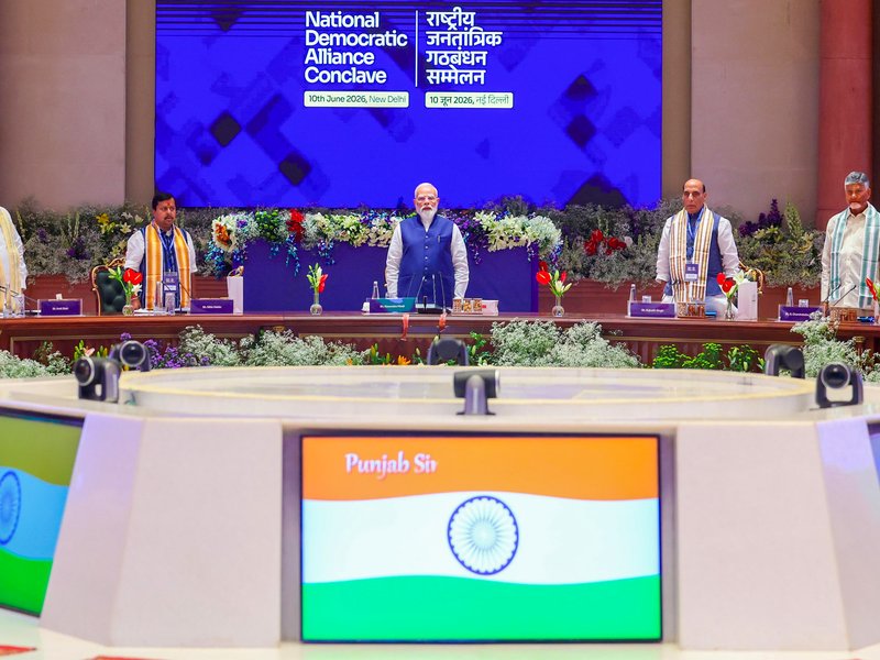 Prime Minister Narendra Modi praises Indian sportspersons, calls for ambitious Olympic goals at NDA Conclave in New Delhi on Wednesday. Photo credit: IANS