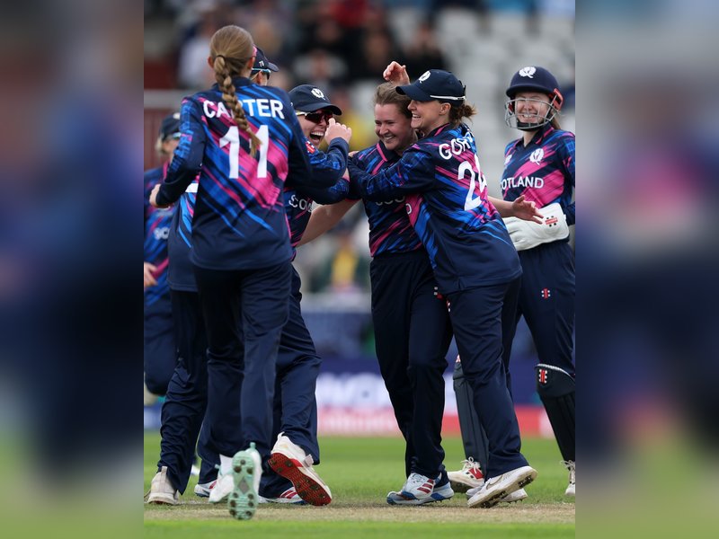 Three-wicket hauls by Kirstie Gordon and Katherine Fraser guide Scotland to historic 40-run win over Ireland in the ICC Women's T20 World Cup 2026 in Manchester on Saturday. Photo credit: ICC