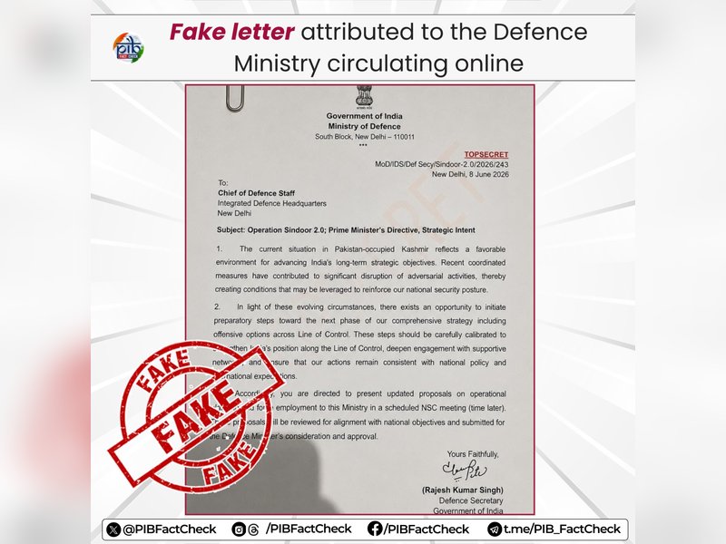 PIB Fact Check debunks fake ‘Operation Sindoor 2.0’ letter purportedly issued by Defence Secretary