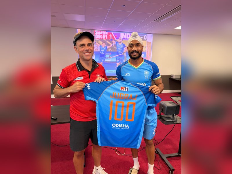 Hockey India congratulates Jugraj Singh on completing 100 international caps during FIH Pro League match against Germany in Rotterdam, the Netherlands, on Thursday. Photo credit: Hockey India