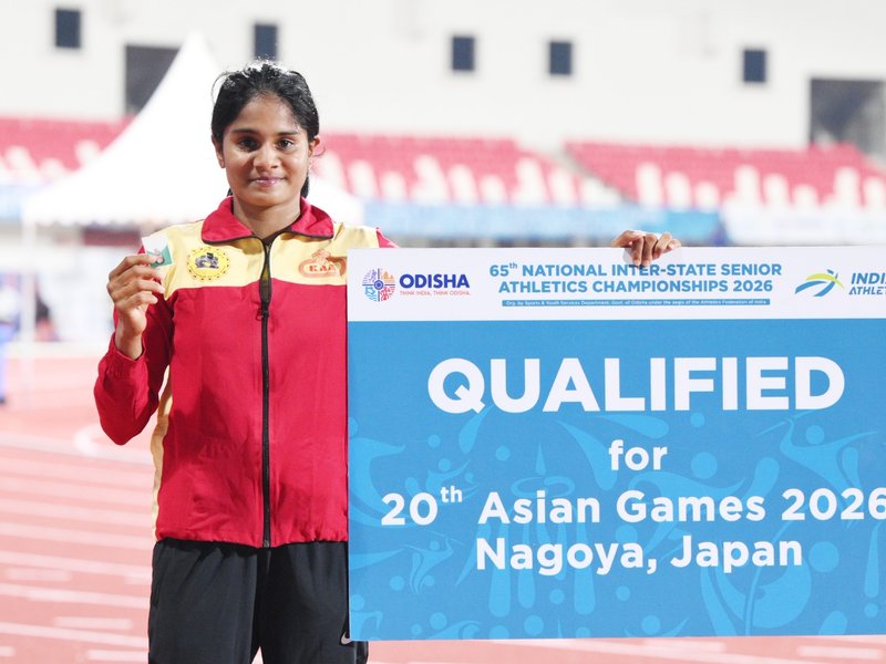 Karnataka’s pole vaulter Sindhushree G. enters her name into record books and qualifies for the Asian Games 2026 by achieving the qualifying mark during the 65th National Inter-State Senior Athletics Championships in Bhubaneswar on Thursday. Photo credit: AFI