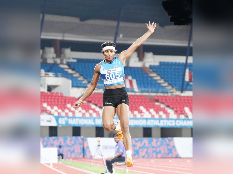Jumpers Ancy, Sarvesh break national records in Bhubaneswar at Kalinga Stadium in Bhubaneswar on Saturday evening. Photo credit: AFI  