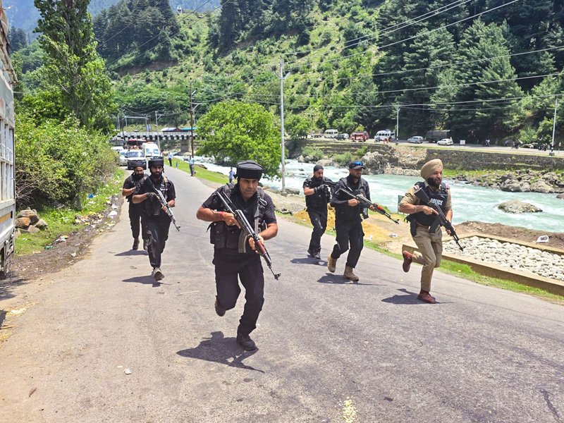 Pahalgam: Security personnel participate in a simulated sniper attack response drill conducted by Anantnag Police at Langabal in Pahalgam area of Anantnag district, Jammu and Kashmir, as security measures are intensified ahead of the annual Amarnath Yatra, on Sunday, June 28, 2026. (Photo: IANS/X/@AnantnagPolice)