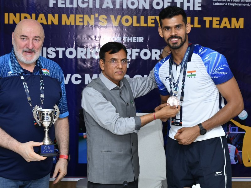 Sports Min Mandaviya felicitates Team India after historic Men’s Volleyball Cup bronze (Credit: X/Dr Mansukh Mandaviya)