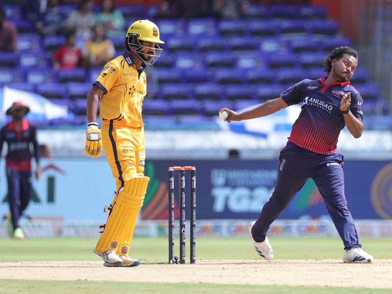 Md Arfaz Ahmed, Nishanth Saranu set up Rahul Buddhi's heroics as Anurag Nalgonda Knights register third straight win in Hyderabad Cricket Association's TG20 at the GMC Balayogi Stadium at Gachibowli in Hyderabad on Monday. Photo credit: HCA TG20