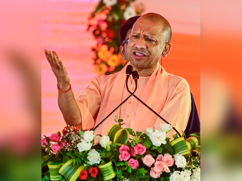 Prayagraj: Uttar Pradesh Chief Minister Yogi Adityanath addresses the inauguration of Prerna Park and the unveiling of statues installed by the Municipal Corporation in Prayagraj on Monday, July 6, 2026. (Photo: IANS)