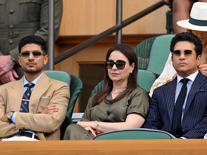 Shubman Gill joins Anjali & Sachin Tendulkar in Royal Box at Centre Court to watch Wimbledon men's singles semifinals on Friday. Photo credit: @Shubman Gill/X
