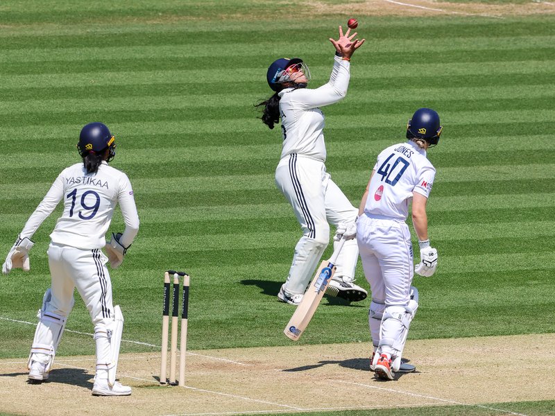 Kranti Goud’s maiden five-fer gives India a 115-run 1st innings lead as England fold for 170 on the second day of the One-off women's Test at Lord's in London on Saturday. Photo credit: IANS/@BCCI/X