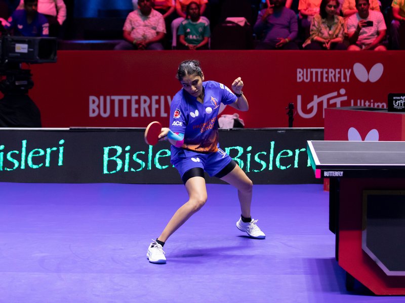 Sayali Wani stuns Manika Batra in Golden Point Thriller, hands UP Prometheans win over Ahmedabad in the Ultimate Table Tennis (UTT) Season 7 at the Dr Shyama Prasad Mukherjee Indoor Stadium in Taleigaon on Tuesday. Photo credit: UTT