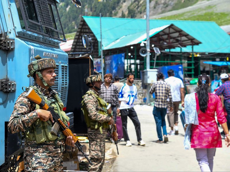 Srinagar: CRPF personnel maintain vigil at a security checkpoint as part of the multi-layered security arrangements for the ongoing Amarnath Yatra in Srinagar on Friday, July 17, 2026. (Photo: IANS/X/@crpf_srinagar)