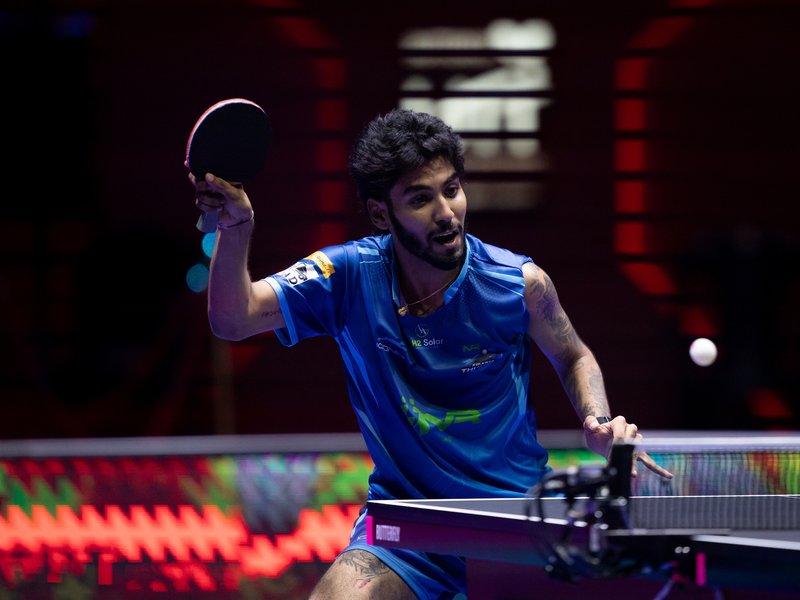 Ayhika Mukherjee hands Sofia Polcanova first defeat as HVR Kolkata ThunderBlades beat Ahmedabad APL Pipers 9-6 in a Season 7 match of the Ultimate Table Tennis (UTT) at the Dr. Shyama Prasad Mukherjee Indoor Stadium in Taleigao near Panaji on Friday. Photo credit: UTT