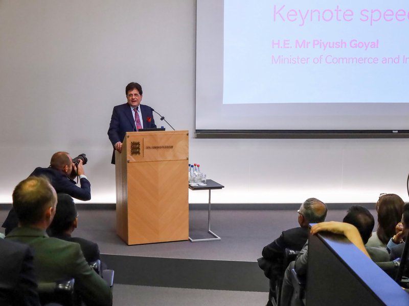 Tallinn: Union Minister for Commerce and Industry Piyush Goyal delivers the keynote address at the India-Estonia Business Forum in the presence of Estonian Foreign Minister Margus Tsahkna in Tallinn, Estonia, on Friday, July 17, 2026. (Photo: IANS/X/@PiyushGoyal)
