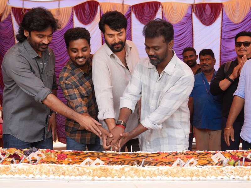 Mammootty, Dhanush, Rajkumar Periasamy, Kalaivanan jointly celebrate National Award wins on sets of 'Om' (Photo credit: Mammootty/X)