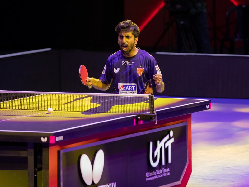 Captain Sathiyan Gnanasekaran steers Dabang Delhi TTC to crucial 9-6 win over Ahmedabad APL Pipers in the Ultimate Table Tennis (UTT) Season 7 at the Dr Shyama Prasad Mukherjee Indoor Stadium at Taleigao near Panaji on Monday. Photo credit: UTT