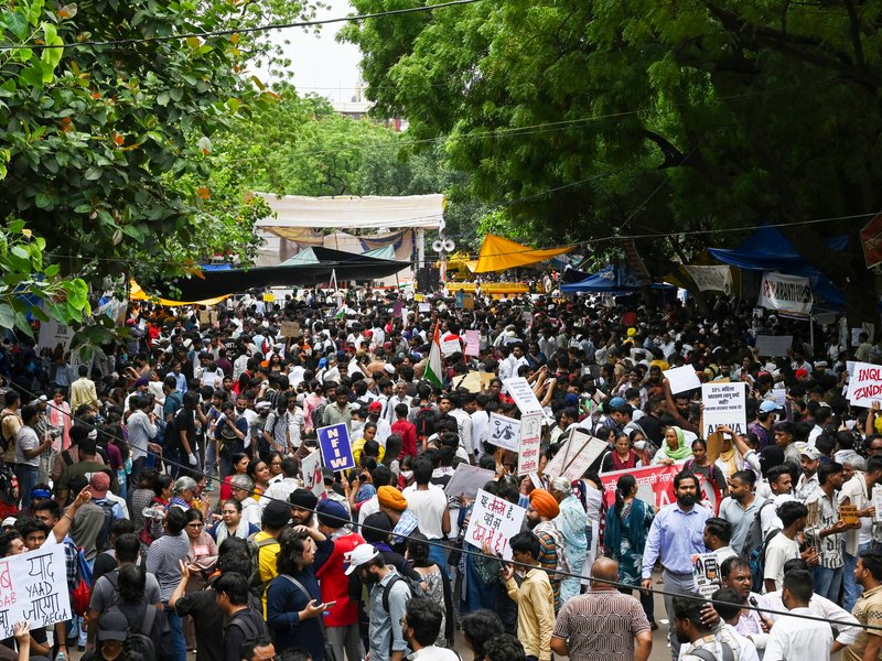 New Delhi: Protesters gather at Jantar Mantar during the Cockroach Janata Party’s protest demanding the resignation of Union Education Minister Dharmendra Pradhan over alleged examination irregularities at Jantar Mantar in New Delhi on Thursday, July 23, 2026. (Photo: IANS/Wasim Sarvar)