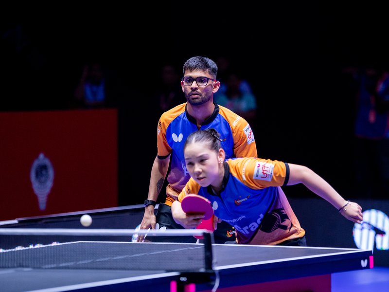Manush Shah, Anna Hursey fire U Mumba into final with 8-3 win over Kolkata ThunderBlades in the Ultimate Table Tennis (UTT) Season 7 at the Shyama Prasad Mukherjee Indoor Stadium in Taleigao near Panaji on Saturday. Photo credit: UTT