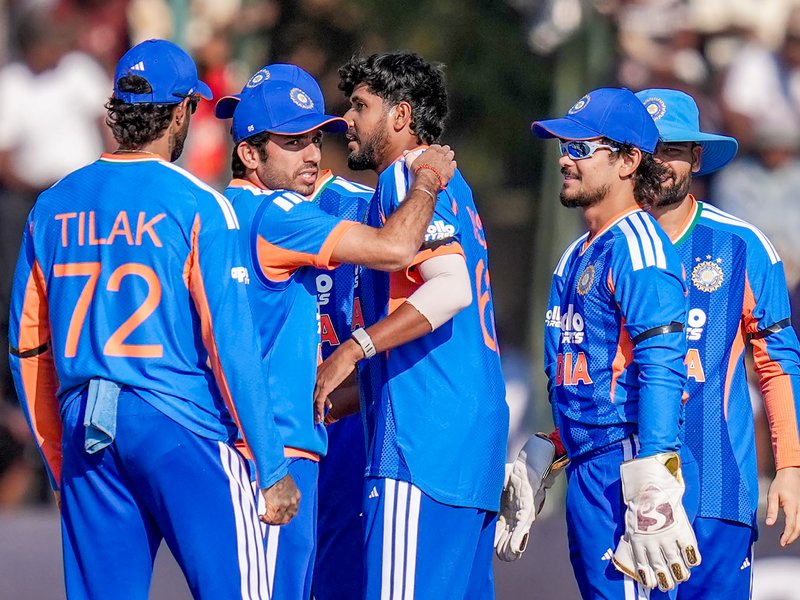 Abhishek Sharma picks 3-17 as India thrash Zimbabwe by 90 runs, take unassailable 2-0 lead in the series in Harare on Saturday. Photo credit: IANS 