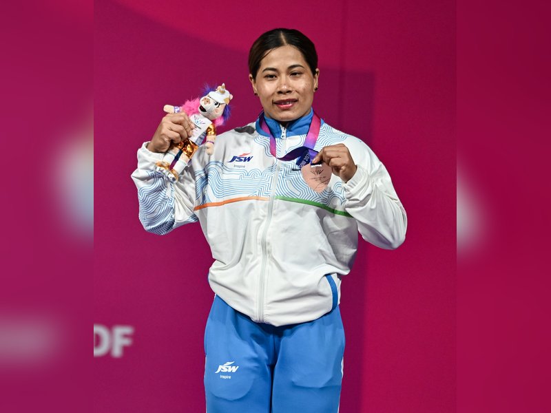 Sports Minister Dr Mansukh Mandaviya hails weightlifter Bindyarani Devi Sorokhaibam's gritty show in bronze medal win in the Commonwealth Games 2026 in Glasgow on Monday. Photo credit: IANS