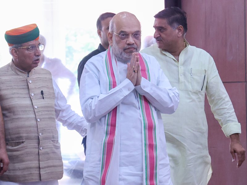 New Delhi: Union Ministers Amit Shah and Arjun Ram Meghwal arrive to attend the National Democratic Alliance (NDA) Parliamentary Party's 'Mangal Milan' meeting at the Parliament House complex during the Monsoon Session in New Delhi on Tuesday, July 28, 2026. (Photo: IANS/Prem Nath Pandey)
