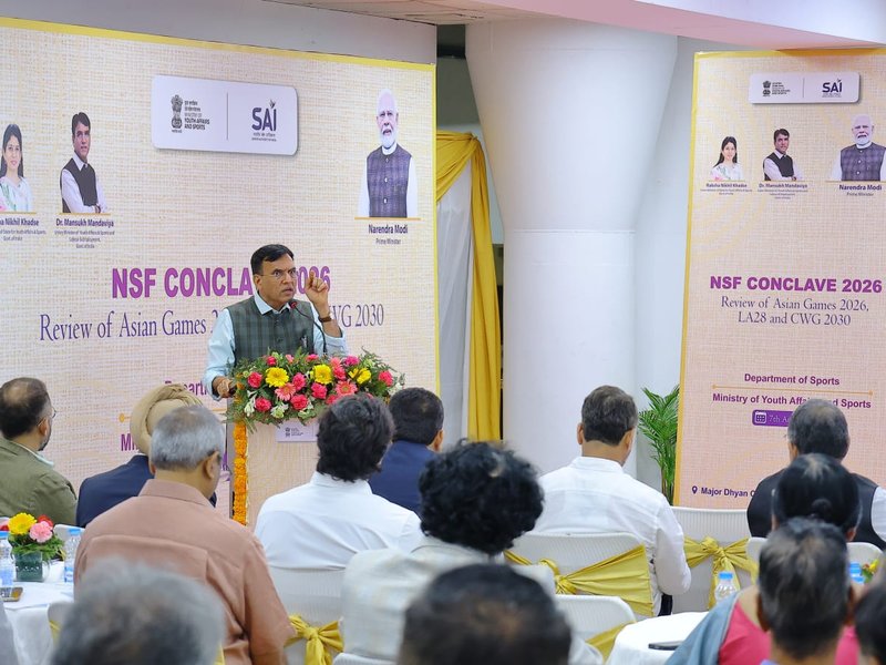 No injustice should ever be meted out to any athlete: Sports Minister Dr Mansukh Mandaviya during the National Sports Federation (NSF) Conclave 2026 in New Delhi on Friday. Photo credit: SAI Media