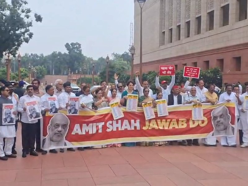 संसद परिसर में विपक्षी सांसदों ने किया विरोध प्रदर्शन, अमित शाह से सदन में जवाब देने की मांग