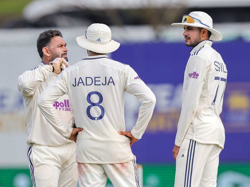 Left-arm spinners Manav Suthar and Ravindra Jadeja help India take 178-run lead despite Dinusha’s maiden century on Day 3 of the of the first Test at the Galle International Stadium in Galle on Monday. Photo credit: IANS 