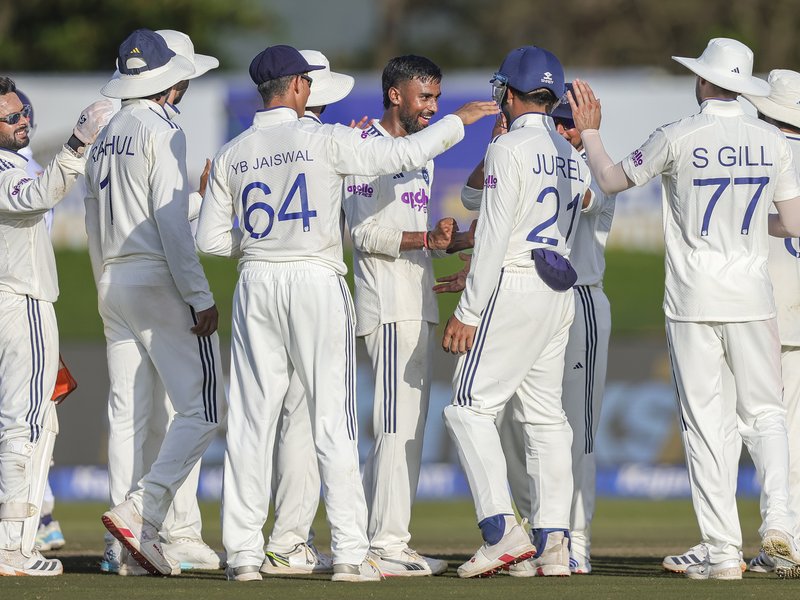 Manav Suthar and Prasidh Krishna star with ball as India reduce Sri Lanka to 84/4 in their second innings, sense victory in the opening Test of the series in Galle on Tuesday. Photo credit: IANS