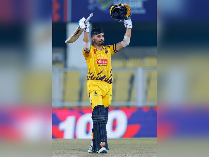 Denish Das hits league's fastest ton to power Barpeta Braves to 12-run win over Jorhat Stallions in the Assam Premier League (APL) 2026 at the Assam Cricket Association Stadium in Guwahati on Wednesday. Photo credit: APL