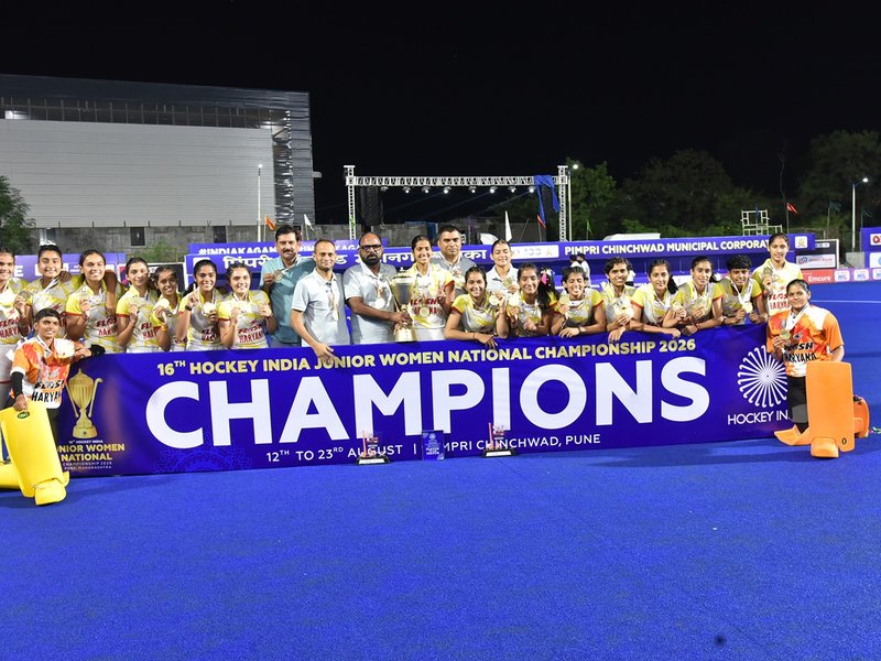Hockey Haryana emerge champions in the 16th Hockey India Junior Women National Championship 2026 at the Maj. Dhyanchand Hockey Stadium, near Pune on Sunday. Photo credit: MHA