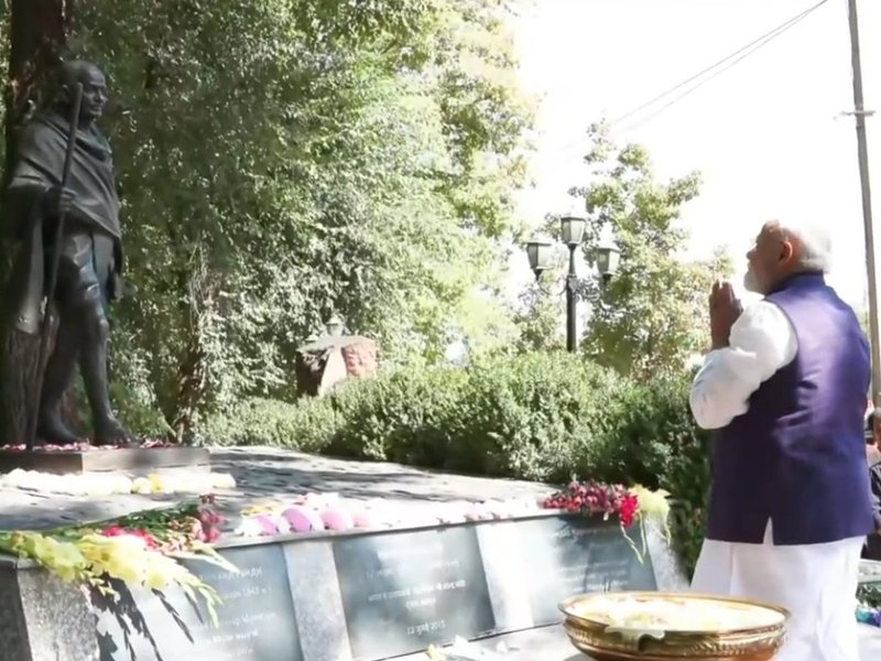 PM Modi pays tribute to Mahatma Gandhi in Kyrgyzstan, interacts with Indian community members
