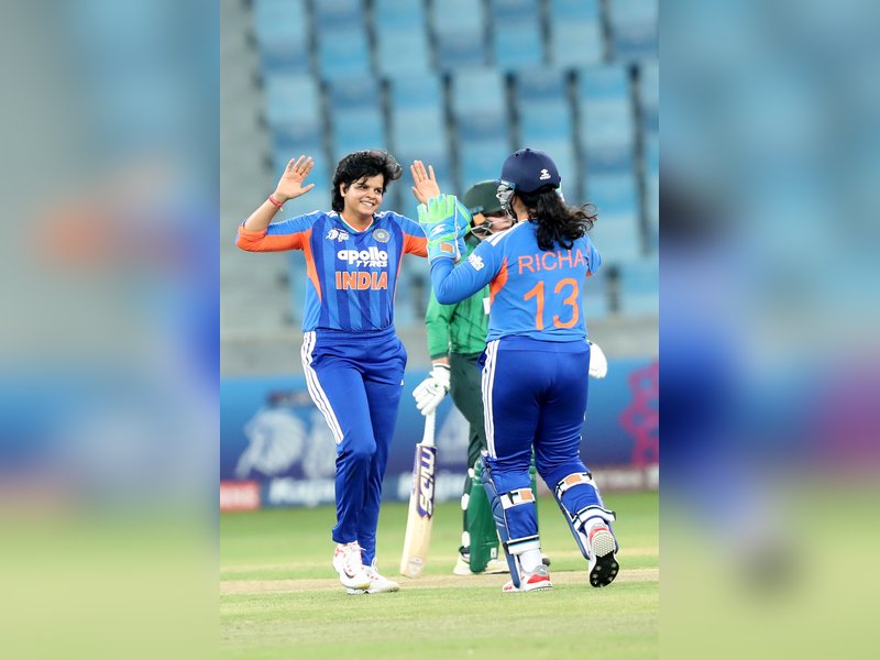 N Sree Charani, Prema Rawat pick three each as India bowl out Pakistan for just 55 runs in their Group A match of the Women’s Asia Cup at the Dubai International Stadium in Dubai on Saturday. Photo credit: BCCI Women