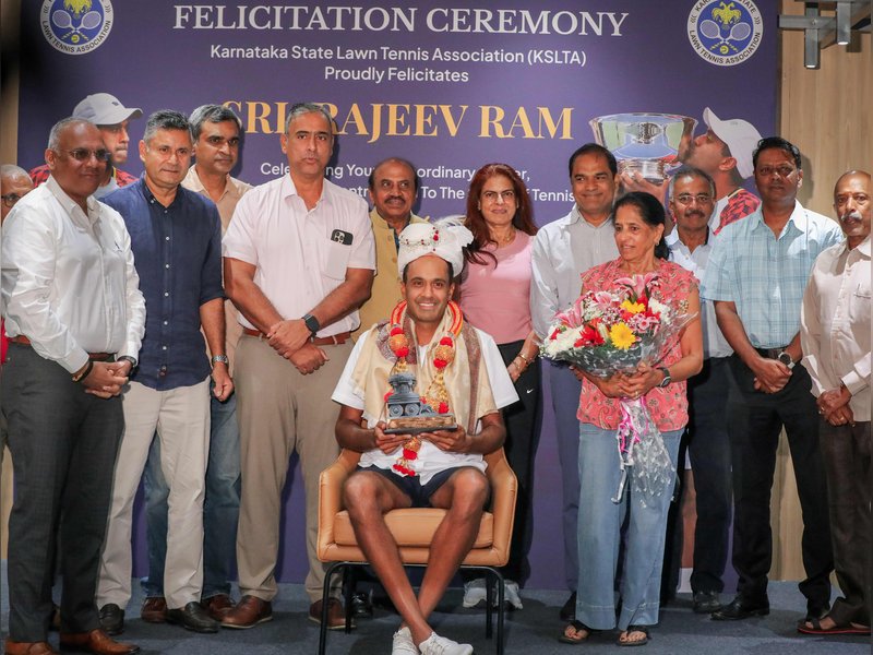 KSLTA felicitates tennis legend Rajeev Ram in Bengaluru (Credit: KSLTA)
