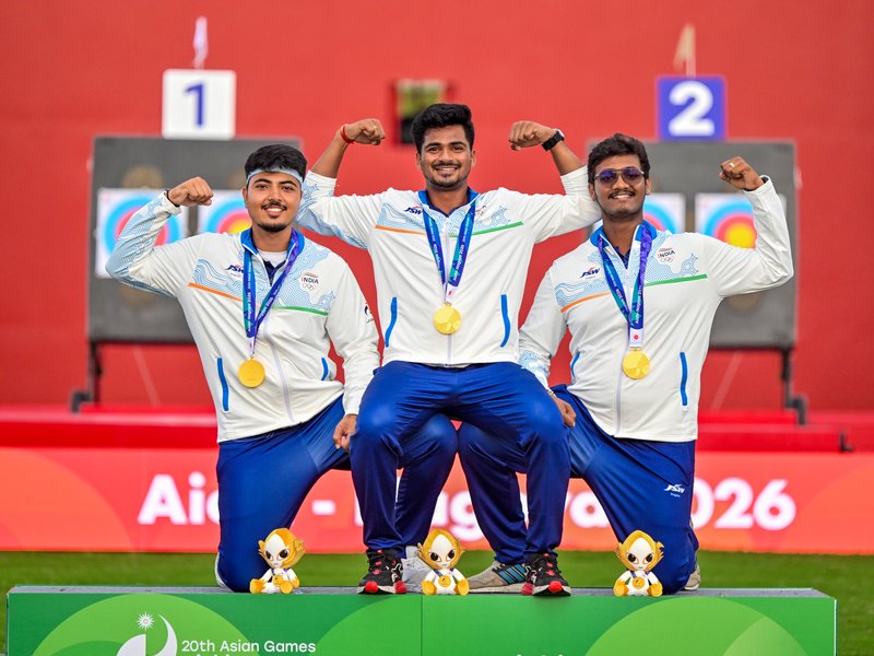 Prime Minister Narendra Modi congratulates men’s compound archers after thrilling gold win in men's compound archery team at the Asian Games in Nagoya on Wednesday. Photo credit: IANS
