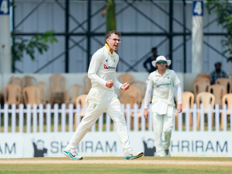 Todd Murphy helps Australia A hold upper hand as India trail by 236 runs on day two of the second and final four-day game at the Siechem Stadium here on Wednesday. Photo credit: CAP