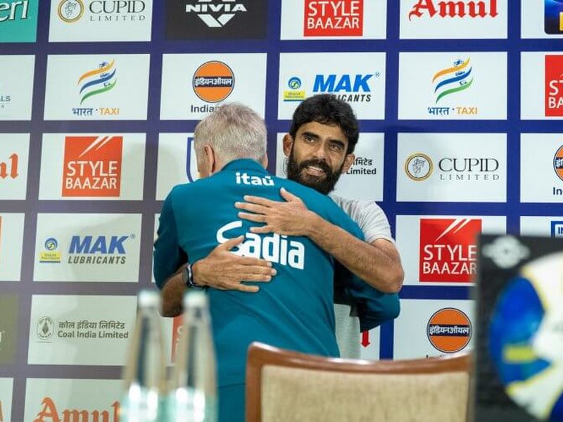 Khalid Jamil, Carlo Ancelotti share warm embrace before historic India vs Brazil clash in Kolkata on Saturday. Photo credit: AIFF