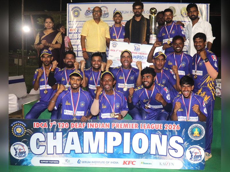 Kolkata Warriors crowned champions of Deaf Indian Premier League 2026, beating Bangalore Badshahs in the final by 14 runs at the KVS Sports Park Cricket Ground in Tirupati, Andhra Pradesh. Photo credit: Deaf Cricket Association of Andhra Pradesh (DCAAP)