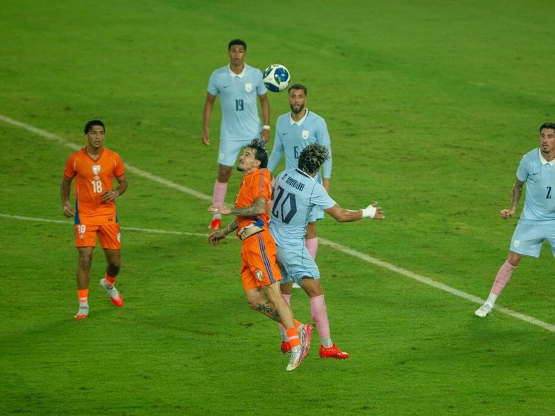 Anirudh Thapa scores but India go down 1-6 to strong Uruguayan side in an International Friendly at the Vivekananda Yuba Bharati Kriranga in Kolkata on Tuesday. Photo credit: AIFF